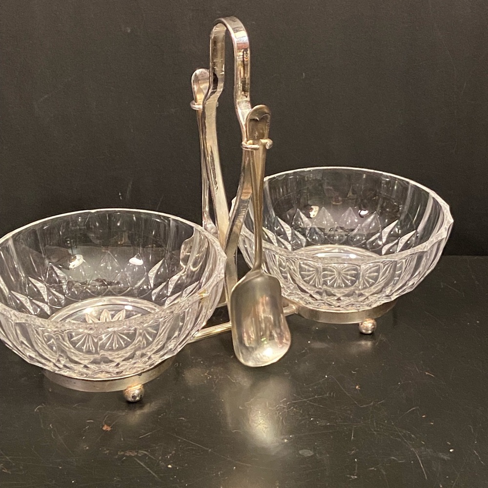 Set of 2 Crystal Condiment Bowls w/ Silverplate Stands Rack and Spoons